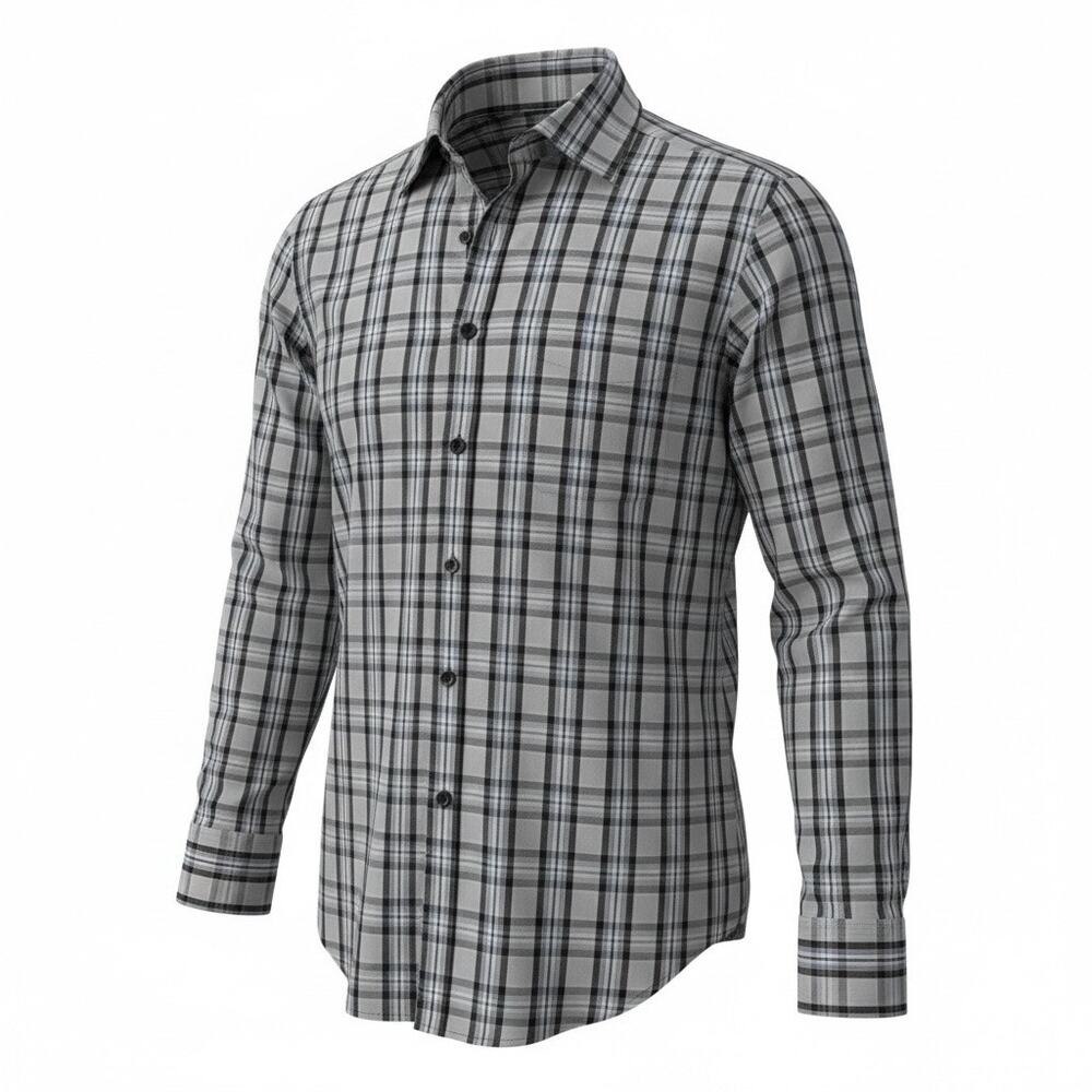 David Donahue Men Blue/White/Gray Plaid Long Sleeve Button Front Shirt Size XL